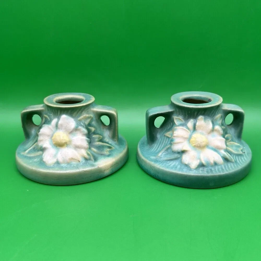 Vintage Roseville Pottery Cosmos Candlestick Holders Blue Green 1151-2 Pair 1940